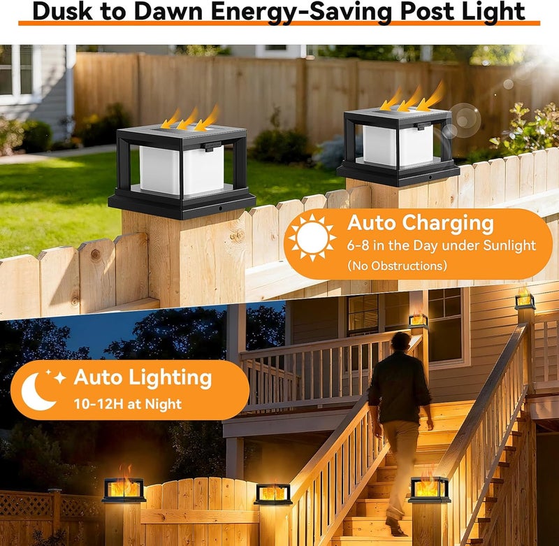 Brightever Solar Post Cap Light Outdoor with Flickering Flame, Waterproof Solar Powered Deck Cap Lights for 4x4 Wooden/Vinyl Post, Black High Brightness SMD LED Fence Halloween Lighting for Yard, Patio, 12-Pack - Image 3
